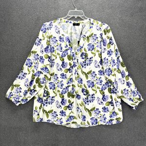 Tahari Top Womens Plus 2X White Purple Floral Boho Semi sheer Shirt Blouse Tunic